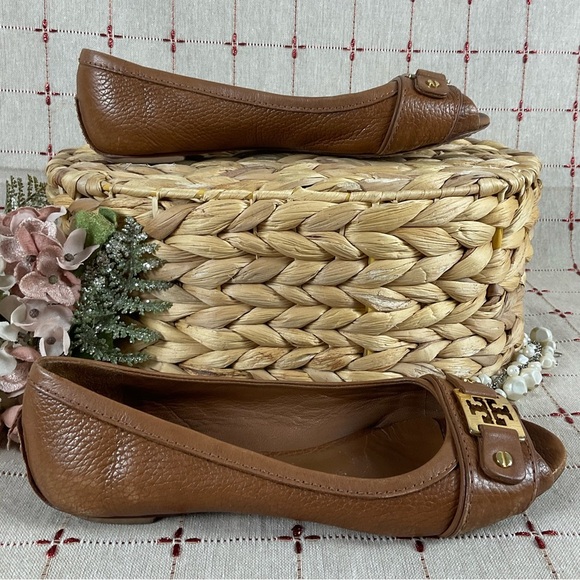 Tory Burch “Cline” Peep Toe Brown Pebble Leather Flats Women's Size 5 M PreLoved - Picture 6 of 8